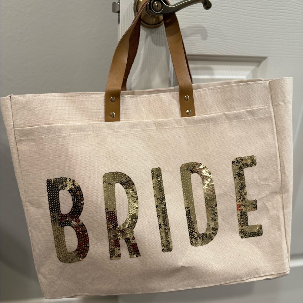 Cream and Gold Tote Bag with Rustic Bride Design